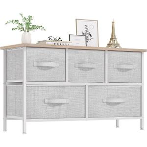 YITAHOME Dresser with 5 Drawers - Fabric Storage Tower, Organizer Unit for Bedroom, Living Room, Closets - Sturdy Steel Frame, Wooden Top (Light Grey Print)