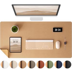 Aothia Dual-Sided Desk Pad - Leather Desk Mat, Natural Cork Desk Pad Protector, Large Mouse Pad for Desk, Waterproof Desk Blotter Pad, Desk Writing Pad for Office Work/Home, Apricot(25.6"x13.7")