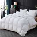 Luxurious All-Season Goose Down Feather Fiber Comforter Queen Size Duvet Insert, Premium White Solid Plain Design, Premium Baffle Box, 100% Egyptian Cotton, 70 oz Fill Weight