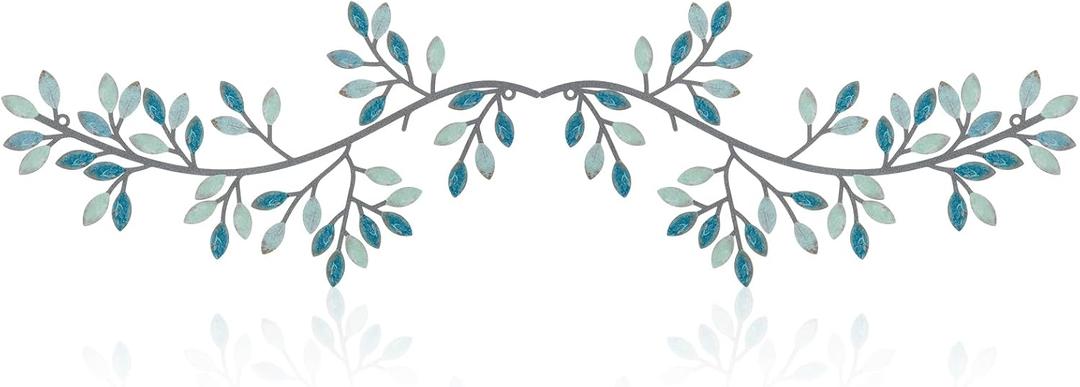 2 Pieces Metal Tree Leaf Wall Decor Vine Olive Branch Leaf Wall Art Wrought Iron Scroll Sculptures Above the Bed, Living Room, Outdoor Decoration (Teal,Classic Style)