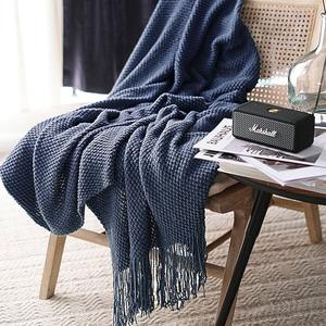 Knitted Throw Blanket with Tassels Bubble Textured Lightweight Soft Throws for Couch Cover Home Decor (Navy, 50x60)