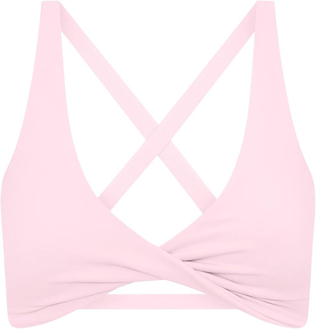 Lacozy Sports Bras for Women Criss Cross Back V-Neck Wireless Padded Yoga Workout Crop Top Strappy Tank Light Pink M (M)
