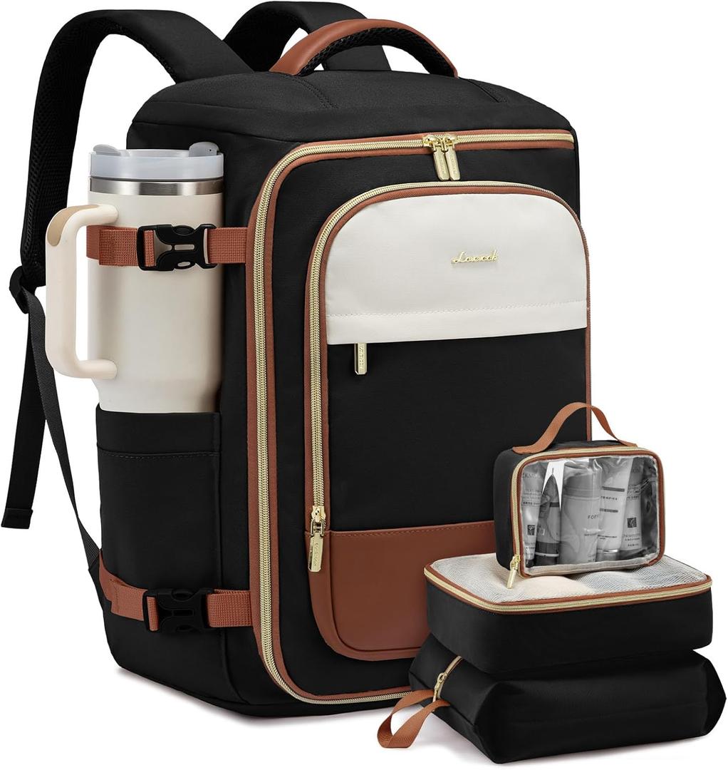 LOVEVOOK 50L Travel Backpack for Women, TSA Approved Carry On Backpack with 3 Packing Cubes, Personal Item Bag Fits 17" Laptop, Water-resistant Carry On Bag for Airplanes (XLarge-4PCS, Black & Brown) LOVEVOOK 50L Travel Backpack for Women, TSA Approved Carry On Backpack with 3 Packing Cubes, Personal Item Bag Fits 17" Laptop, Water-resistant Carry On Bag for Airplanes (XLarge-4PCS, Black & Brown)
