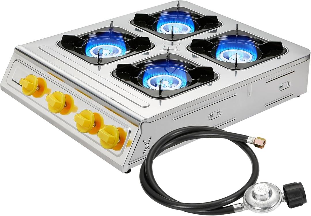 Vivicreate 4 Burner Propane Gas Stove 40000 BTU Stainless Steel Cooktop with Enamel Pan Support Electronic Ignition for Camping Outdoor Cooking BBQ Estufa de Gas Porttil Fogn de Gas