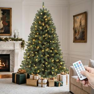 YITAHOME Pre-Lit Artificial Hinged Christmas Tree with Remote Control, 7.5ft Prelighted Spruce Xmas Tree for Home, Office, Party Decoration with 1450 Branch Tips and 550 Warm White Lights, Green