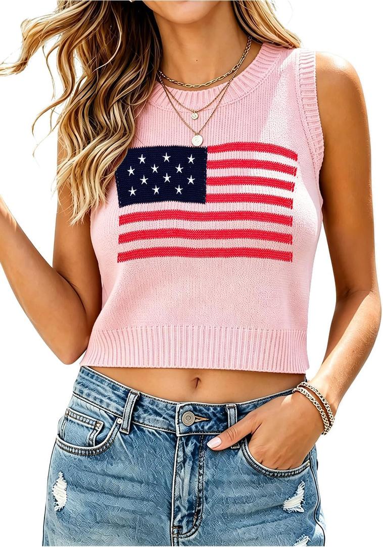 DUTUT Womens Sleeveless American Flag Sweater Vest 250th Anniversary 4th of July Patriotic Shirts Summer USA Knit Crop Tops L (Pink, L)