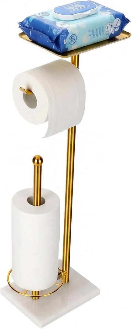 Gold Toilet Paper Holder with Shelf, Free Standing Toilet Paper Holder with Storage - Toilet Paper Stand for Holding Extra 3 Rolls, Tissue Holder for Bathroom (Gold with Marble Base)