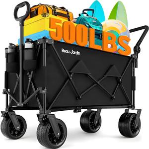BEAU JARDIN Folding Push & Pull Beach Wagon 500 lbs Collapsible Foldable Wagons with Push Handle All Terrain Wheels Grocery Utility Camping Sports Garden Wagon Cart Black (Extra Large)