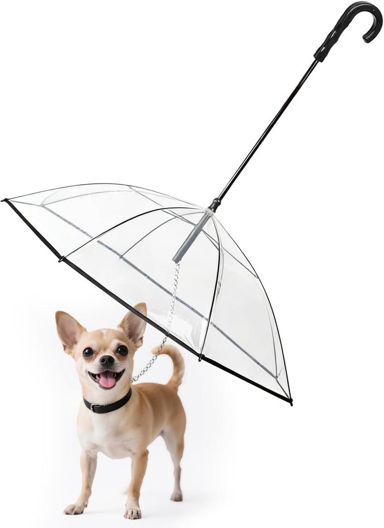 Clear Dog Umbrella for Small Dogs, Doggie Umbrella with Leash, Keeps Pet Dry for Rainy Walk/Potty Trip, Puppy Rain Umbrella, Self-Assembly