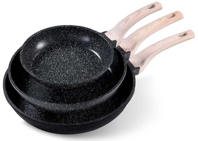 CAROTE Non Stick Frying Pan Skillet Set, Omelet Pan, Healthy Non Toxic Granite Chef Pan, Induction Compatible Egg Frying Pan with Heat-Resistant Handle, PFOA-Free,Grey, 8"+10"+12"