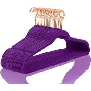 MIZGI Premium Velvet Hangers (50 Pack) Heavy Duty - Non Slip Felt Hanger - Velvet Suit Hangers Dark Purple - Rose Gold Hooks,Space Saving Clothes Hanger