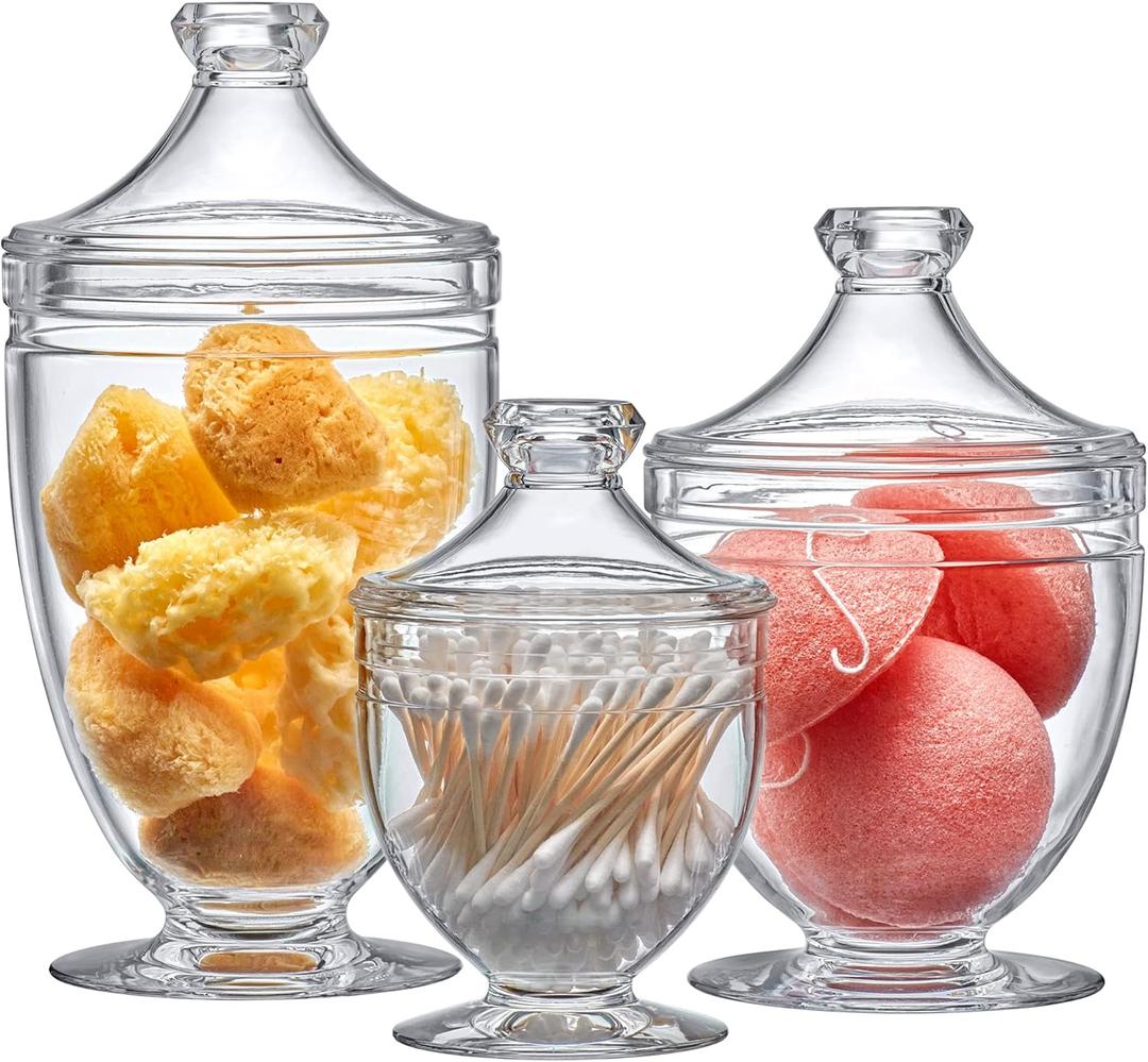 Amazing Abby - Aspire - Plastic Bathroom Canisters (3-Piece Set, 46/16/34 oz), Acrylic Apothecary Jars for Vanity, BPA-Free and Shatter-Proof, Great for Cotton Balls and Bath Sponges (NOT Glass)
