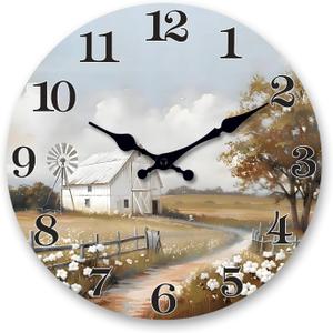 XFM Large Farmhouse Wall Clock 24 Inch Silent Wooden Wall Clocks Battery Operated Farm Barn Country Round Analog Clock for Living Room Kitchen Bedroom