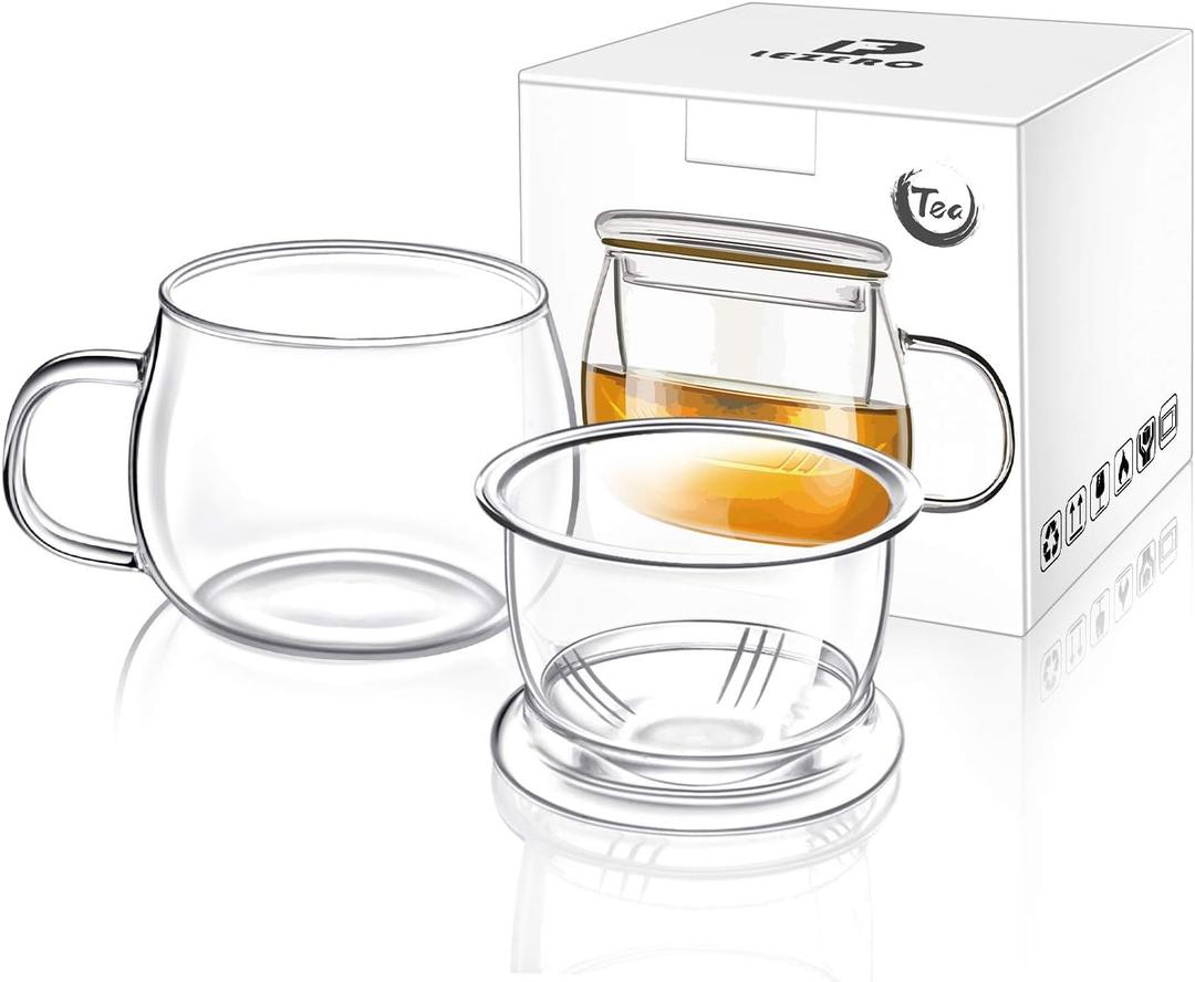 Lezero 13oz Tea Infuser Cups Kits, Glass Mugs with Filter Basket and Lid for Loose leaf-Tea Brewing, Heat Resistant, Lead-free, Microwave & Dishwasher Safe