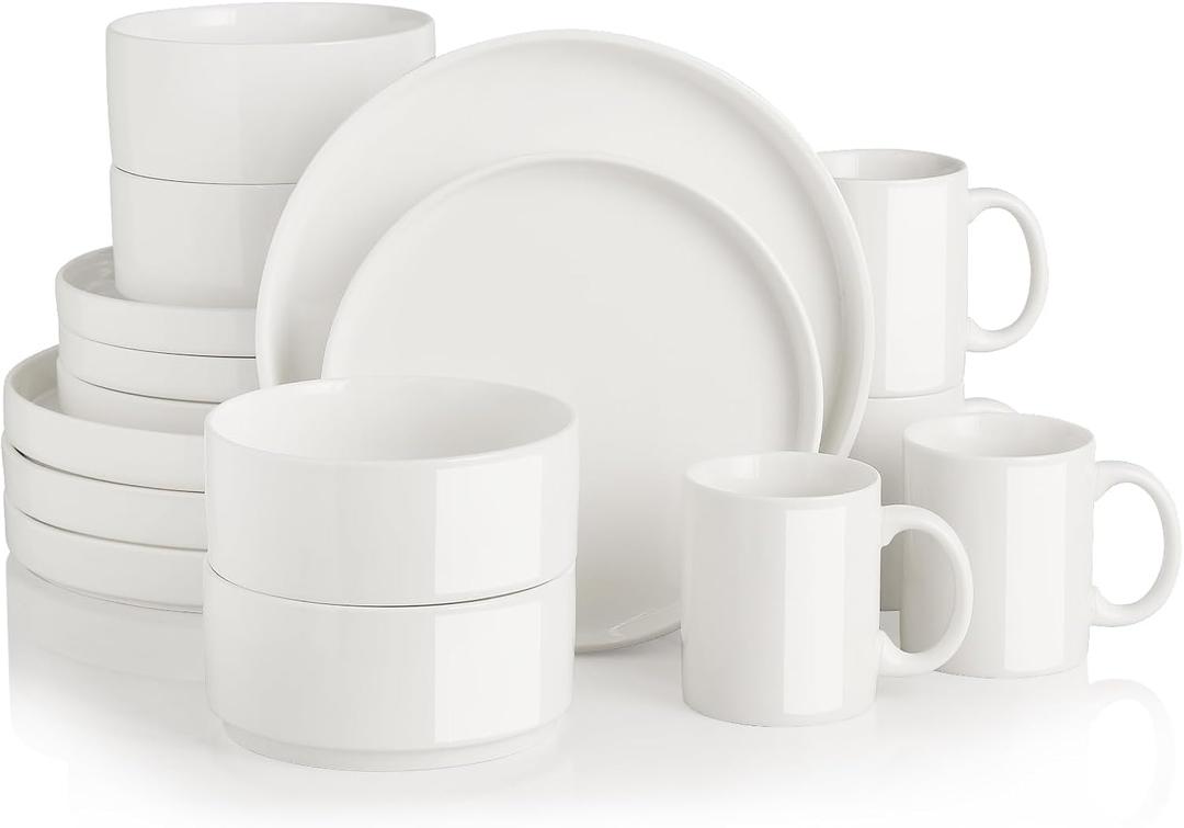 Sweejar Porcelain Dinnerware Sets for 4, 16 Pieces Ceramic Plates and Bowls Set, Classic Modern Simple Kitchen Dinner Dining Ware Set, Dishwasher and Microwave Safe Dishes Sets with Cups(Pure White), Service for 4