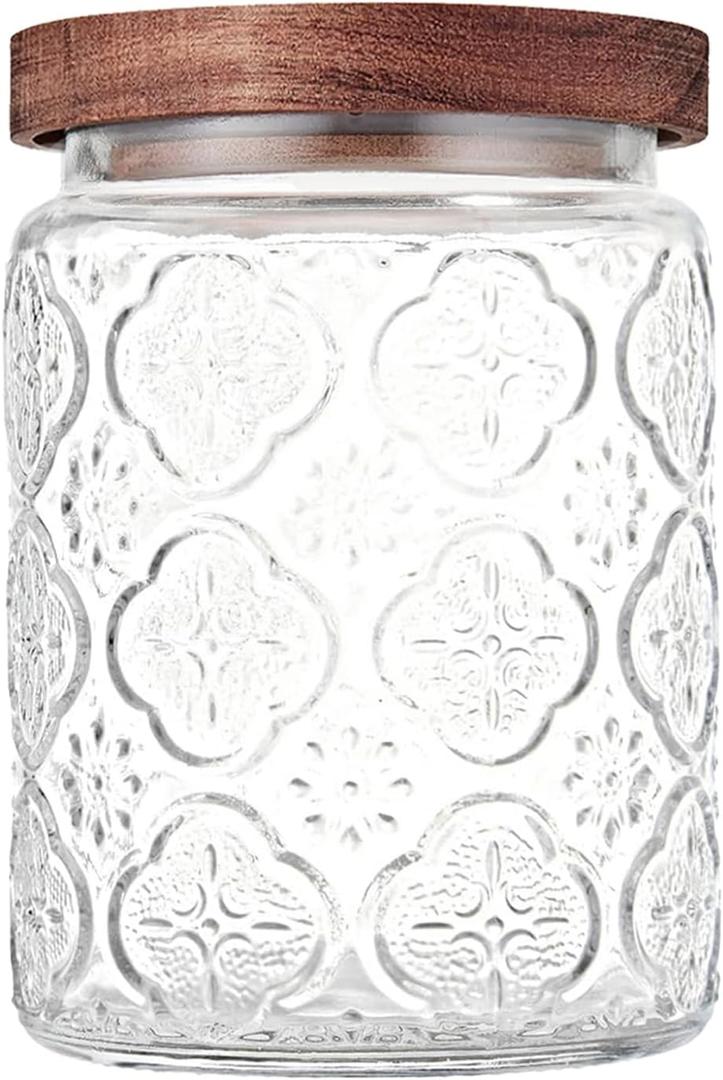 Glass Storage Jars With Airtight Lid, 23.7oz Container For Kitchen Counter with Wooden Lid, brown sugar, candy, coffee, cookie, salt, tea, cute Jar (Begonia Flowers, 1 Piece)