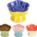 S&Q's CERAMICS Raised Slow Feeder Cat Bowl, Ceramic Elevated and Titled Pet Food Bowl, Small Dogs Slow Feeder, Flower Shaped Dish for Dry and Wet Food (Blue, 5.8")