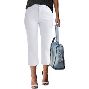 luvamia Capri Jeans for Women High Waisted Slim Straight Stretchy Denim Capris Pants Welt Pockets Casual Cropped Jeans (Large, White)
