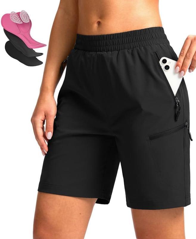 Women's Mountain Bike Shorts 4D Padded Cycling Shorts for Women Riding Biking Bicycle Biker Cycle UPF50 Zipper Pockets (Large, Black)