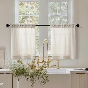 CUTEWIND Cream Linen Cafe Curtains 24 inch Length 2 Panel Set Rod Pocket Farmhouse Short Kitchen Window Curtains Over Sink Light Filtering Semi Sheer Small Window Drapes for Bathroom Camper W26xL24 (Natural)