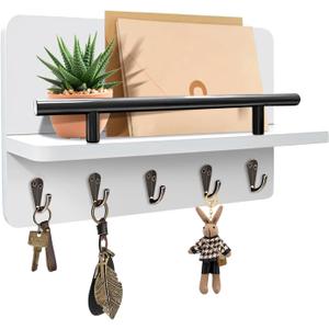 Key Holder Wall Mount, Decorative Key Rack with Shelf & 5 Sturdy Hooks, Rustic Key Hooks for Wall for Mail Organizer Hanging Dog Leash, Glasses, Wooden Key Hanger with Mounting Hardware