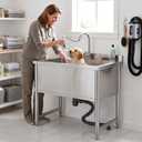 Stainless Steel Commercial Restaurant Sink, Freestanding Large Commercial Sink with Pull-out Faucet for Kitchen Dishwashing, Thawing, Pet Cleaning, Laundry Room, 35 Gallon, 23.6"D x 33.5"W x 36.8"H