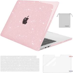 MOSISO Compatible with MacBook Air 13 inch Case 2025 2024 2023 2022 M4 A3240 M3 A3113 M2 A2681, Sparkly Glitter Hard Shell & Keyboard Cover & Screen Film & Pouch for MacBook Air 13.6 inch Case, Baby Pink