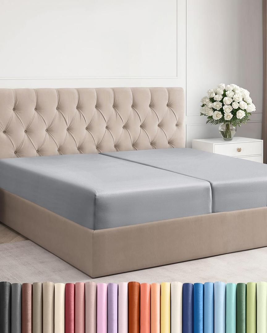 Split King Fitted Bed Sheet - Bottom Single Fitted Sheet Only - Ultra-Soft Hotel Luxury Bedding w/ 8-16 Inch Deep Pockets - Breathable & Wrinkle Free - Easy-Care, Fade & Shrink Resistant - Steel Blue