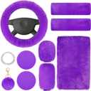 Frienda 10 Pcs Fluffy Car Steering Wheel Covers Handbrake and Gear Shift Cover Seat Belt Shoulder Pads Diamond Mat Ignition Ring Ball Key Chain Armrest Box Mat Car Accessories Set(Purple)
