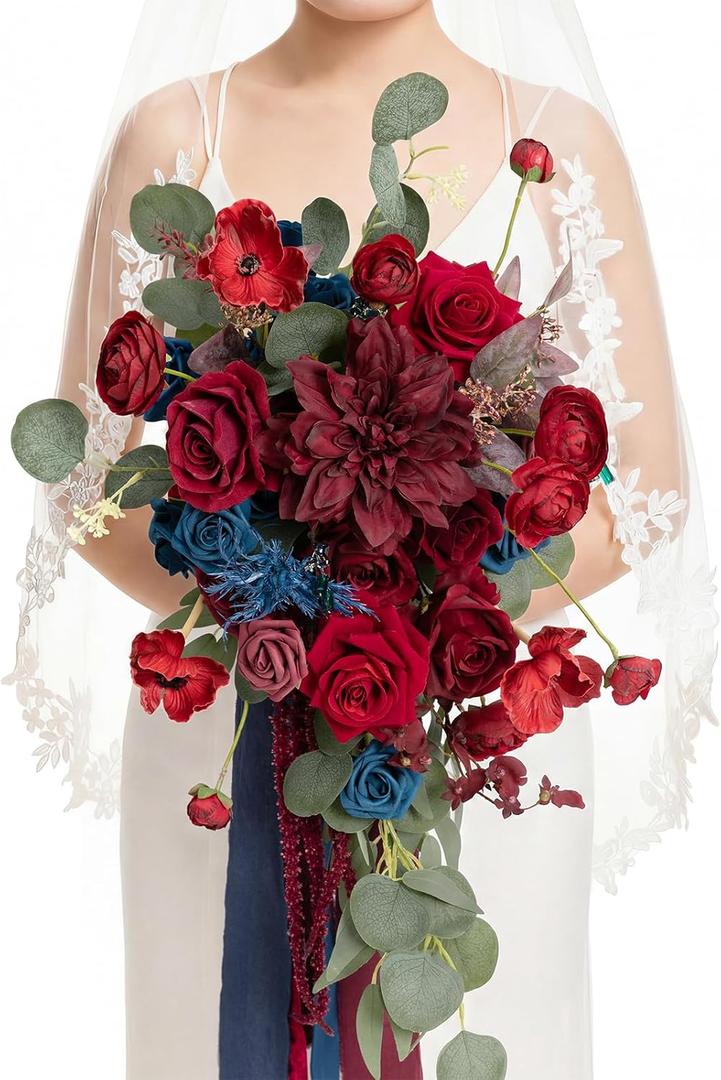 Ling's moment Navy Blue Burgandy Bridal Bouquet Cascading, Jewel Tone Wedding Bouquets for Bride, 15 Inch Bride Bouquets for Wedding Artificial Flowers Bouquets