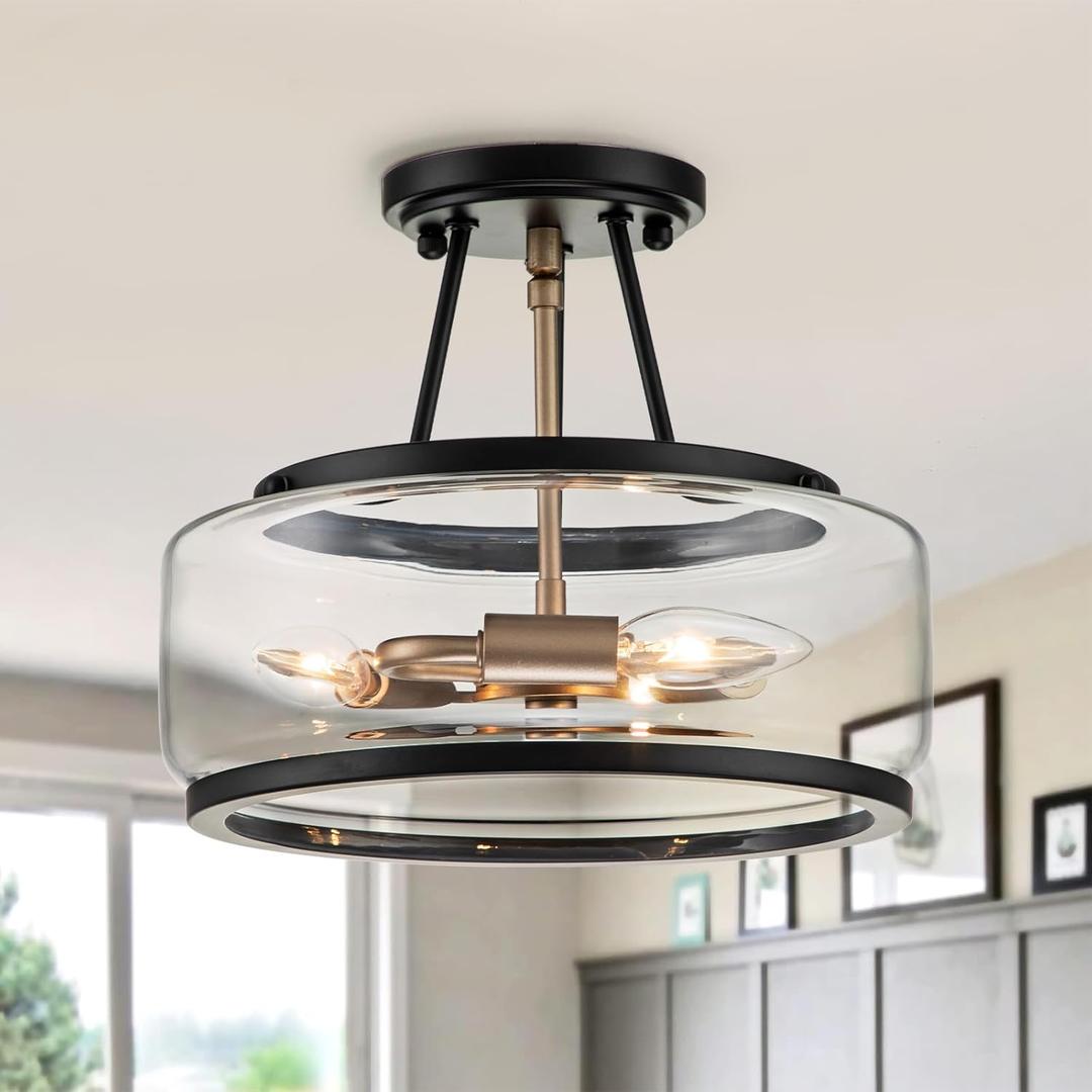 11.8 Inch Small Black and Gold Semi Flush Mount Ceiling Light Fixture 3 Light,Drum Modern Clear Glass Ceiling Light Fixtures for Bedroom,Entryway,Hallway,Kitchen,Dining Room,Bathroom