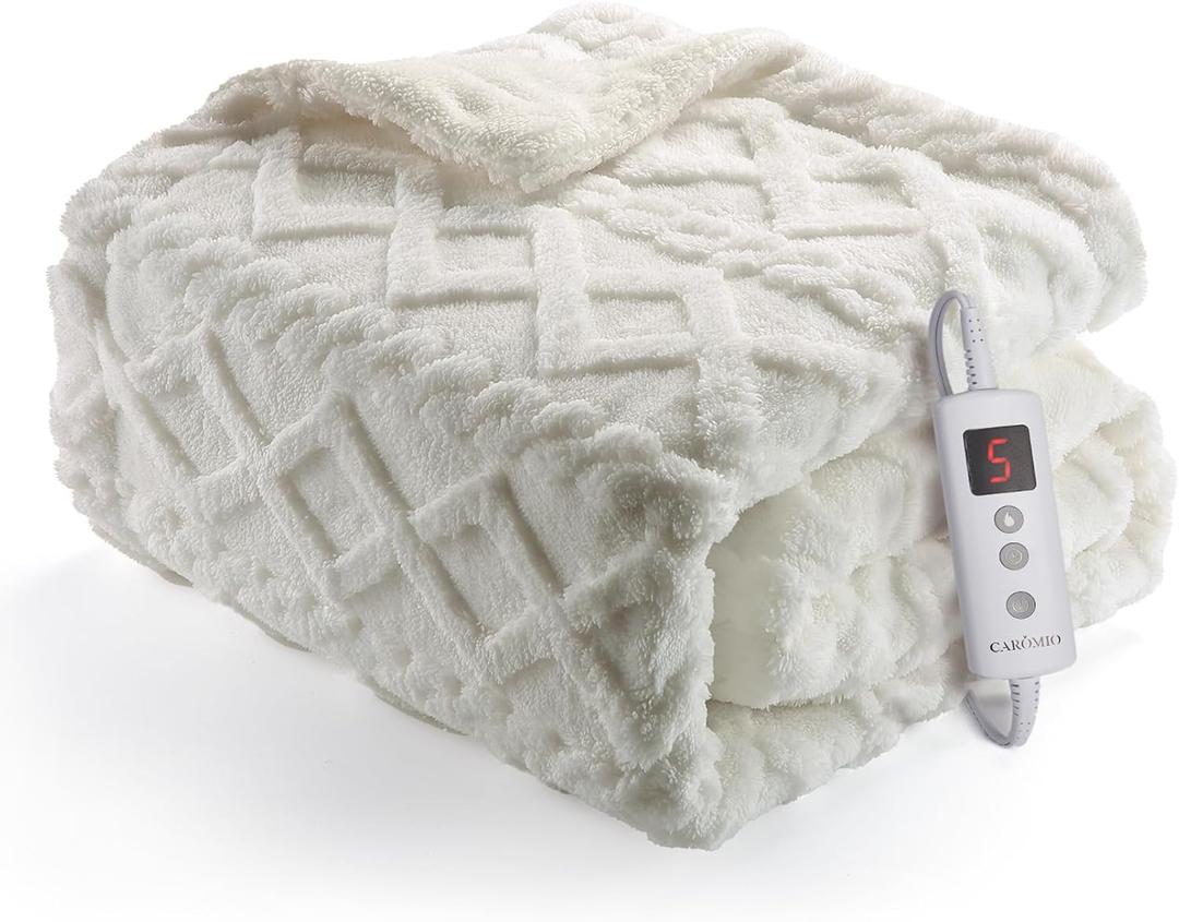 CAROMIO Heated Throw Blanket - Thick Tufted Sherpa Electric Blanket Throw with 10 Heating Levels and 10 Time Settings, ETL Certified Machine Washable Fast Heating Blanket Throw 50"60", Off White (Throw 50"x60")