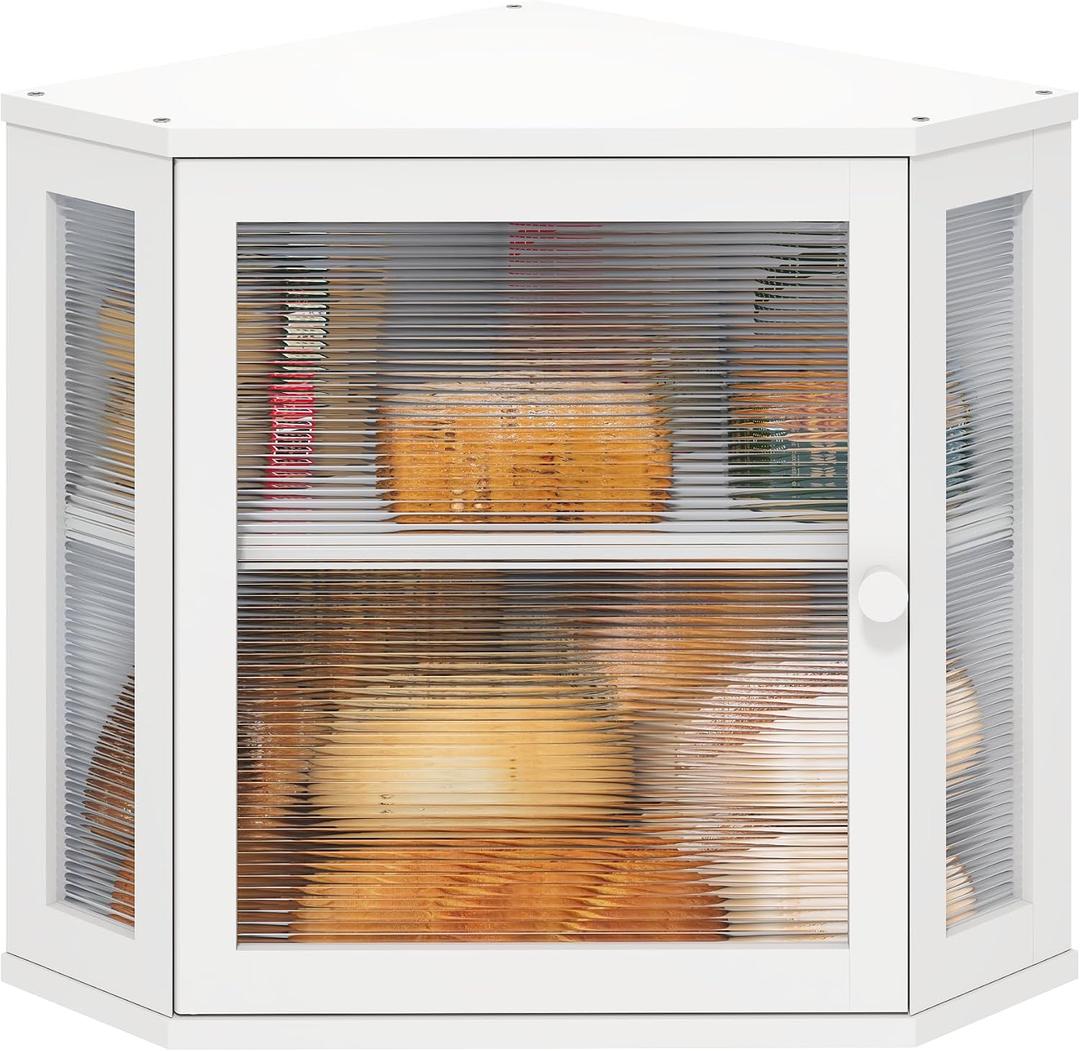 viewcare White Bread Box for Kitchen Counter, Bamboo Wood Large Capacity Bread Storage Bin with Acrylic Wavy Door Panel (White, Medim)