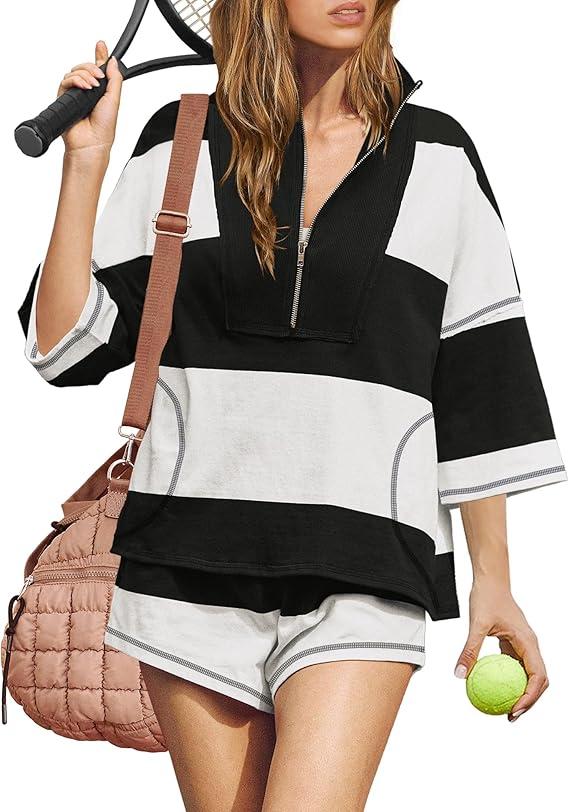 ReachMe Women's Workout Striped Short Sets 2 Piece Outfits Summer Matching Lounge Sets Top and Shorts with Pockets (Small, Black)