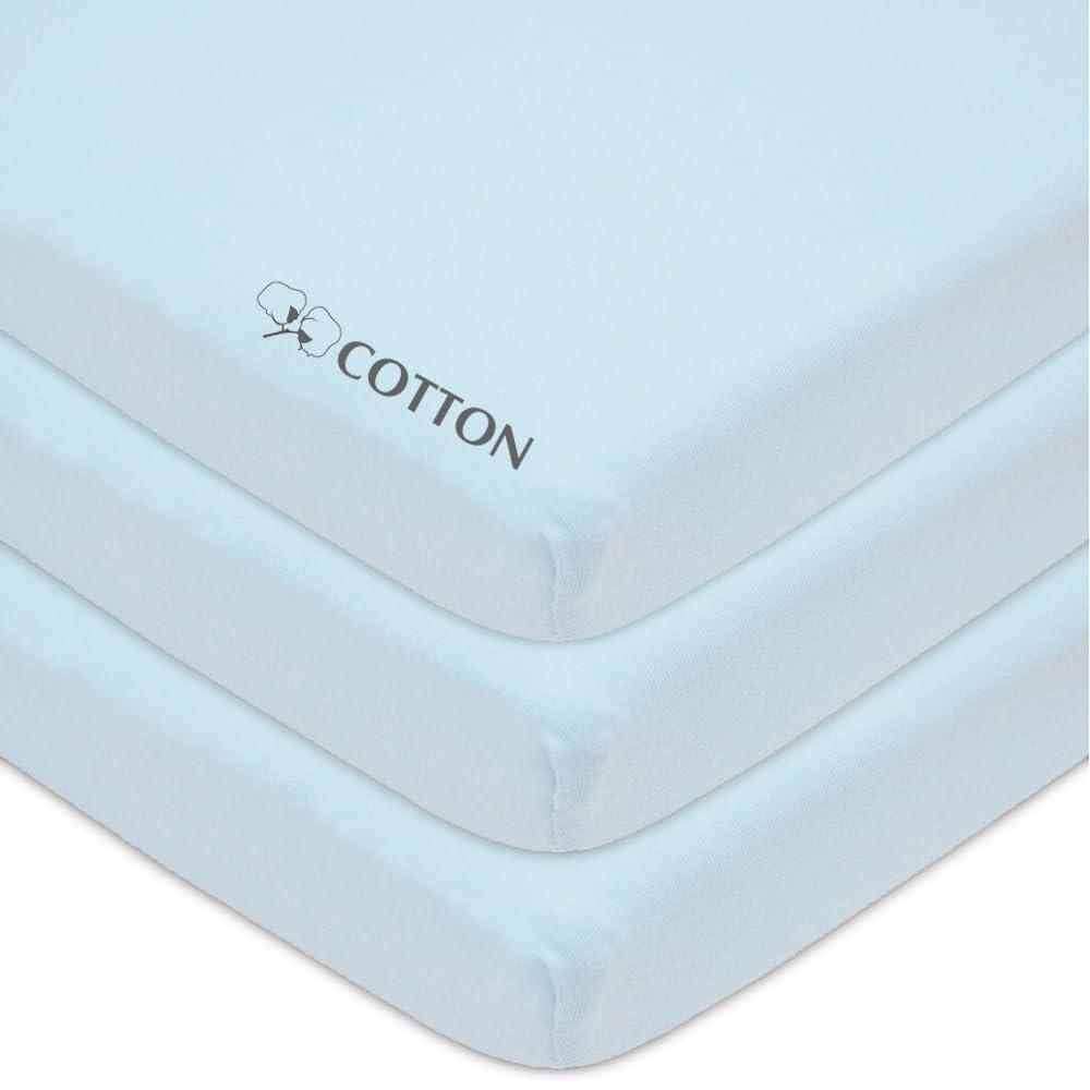 American Baby Company 3 Pack 100% Natural Cotton Fitted Mini Crib Sheets 38" x 24" - Soft & Breathable Small Nesting Portable Sheets, Fits Pack N Play Mattresses, Blue, for Boys & Girls