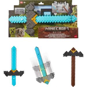 Mattel Minecraft Sword and Pickaxe 2-in-1 Toy, Button-Activated Click and Switch Role-Play Accessory Inspired by A Minecraft Movie