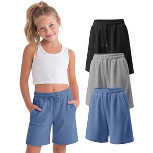 3 Pack Girls' Shorts Bermuda Summer Knee Length Casual Drawstring Athletic SweatShorts with Pockets for Ages 5-16