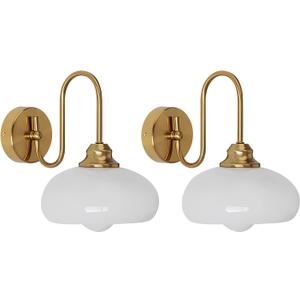 KCO Lighting Brushed Gold Wall Sconces Set of Two Milk Glass Wall Sconce Mid Century Modern Wall Sconce Frosted Globe Vanity Light Bathroom Sconces Wall Lighting Set of 2
