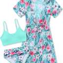 Girls Swimsuit 3 Piece Tropical Print Bikini Set Teens Bathing Suit with Drawstring Quick Dry Cover Up 9-16Y (Blue)
