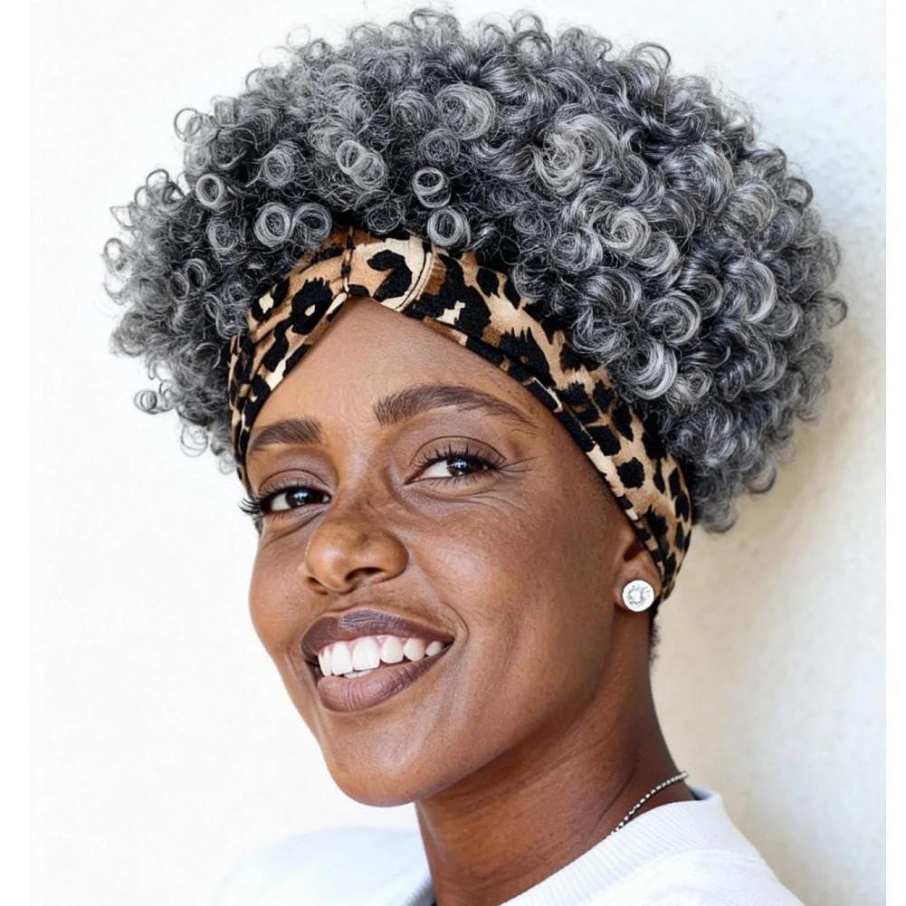 Short Curly Wigs with Headbands Attached for Black Women Synthitic Kinky Curly Afro Puff No Drawstring Ponytail Wig Headwrap Hairstyles With 2 Clips(T1B/Grey) (Yellow Leopard Pattern)