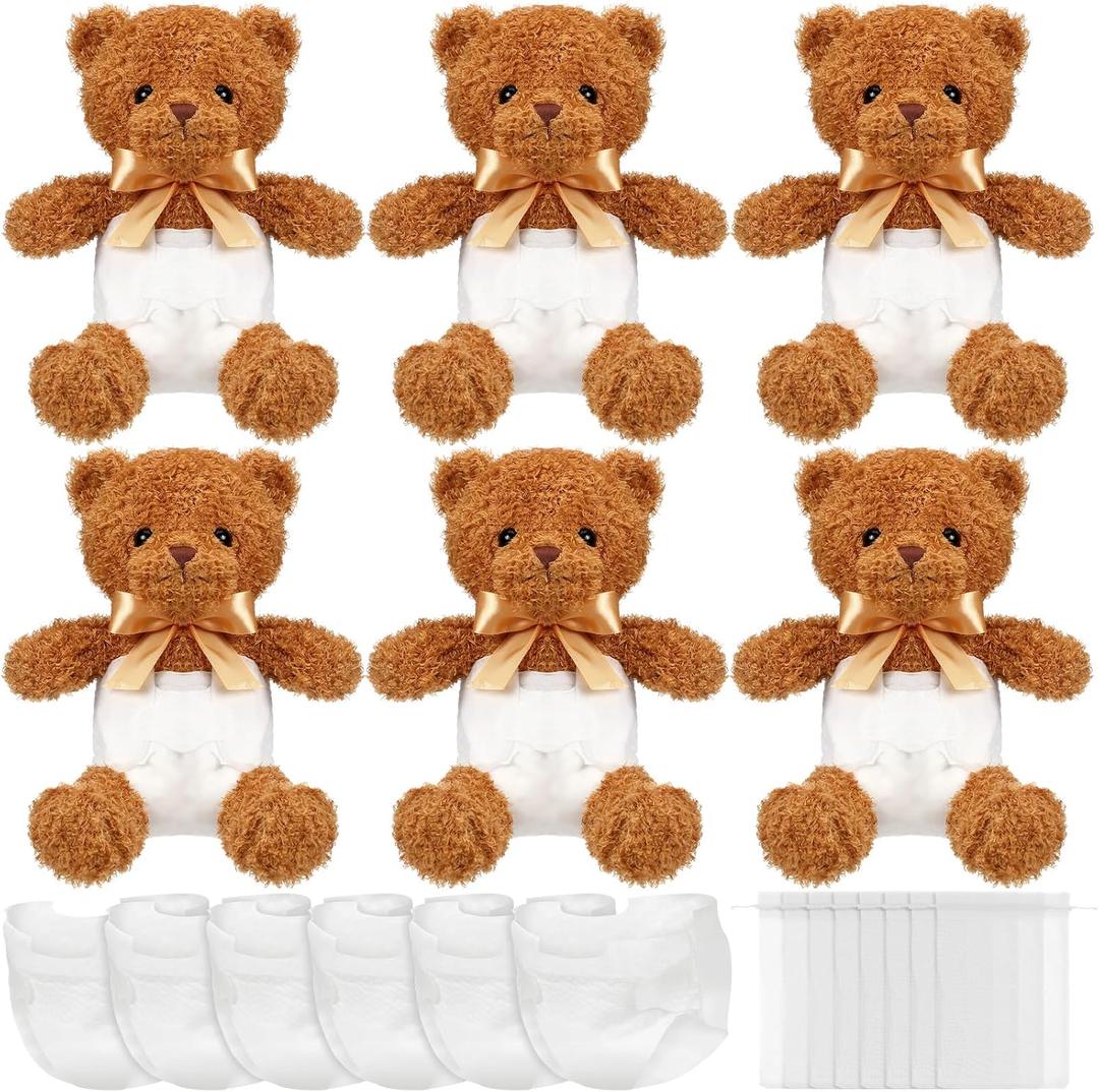 Seenelling 6 Sets Bear Blindfolded Diaper Changing Coed Baby Shower Games Kit Baby Dolls Bears Diapers for Bridal Shower Gender Reveal Games Prizes Gifts for Adults Boys Girls (Tan)
