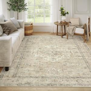 LIVEBOX Washable Area Rug 8x10 Rugs for Living Room Bedroom, Non-Slip Boho Neutral Carpet for Dining Room Office, Low-Pile Farmhouse Soft Carpets for Kids Nursery Room Playroom, Tan (8ftx10ft)