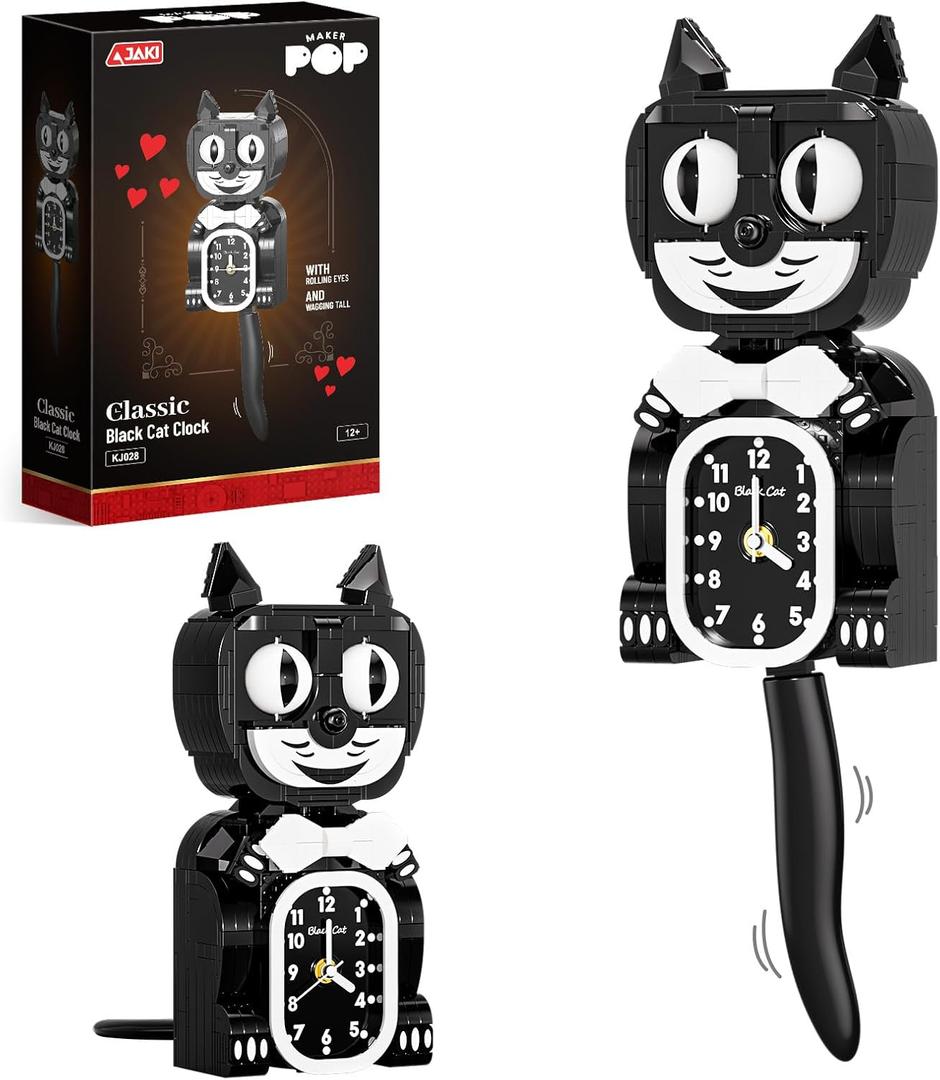 JAKI Black Cat Swing Clock Building Blocks Set,Cat Clock with Moving Eyes and Tail, Battery Operated Wall Clock,Home Decoration and Collectible for Adults & Kids 12+
