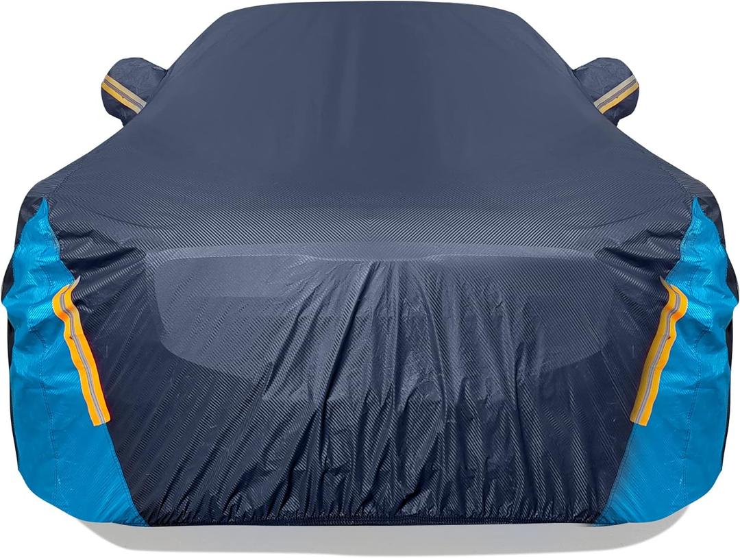 Car Cover Waterproof All Weather for Automobiles, 6 Layers Outdoor Full Exterior Cover Rain Sun UV Snowproof Protection with Zipper Cotton, Mirror Pocket for Sedan (190-195 inch) (Blue)