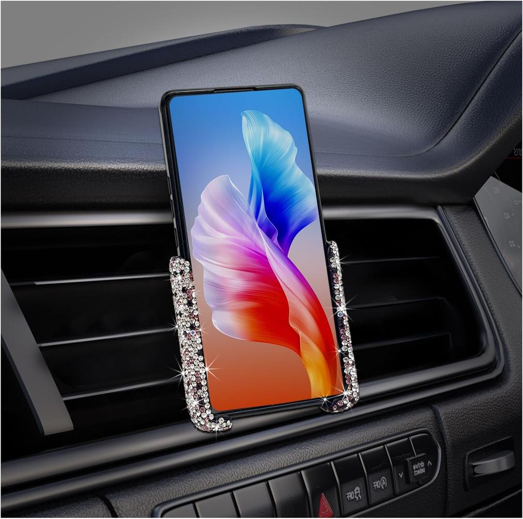 Dickno Bling Car Phone Holder, 360Adjustable Mini Dash Air Vent Automatic Phone Mount, Crystal Air Vent Clip Cell Phone Holder for Women and Girls, Vehicle Interior Accessories (Purple)