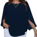 SCOMCHIC Plus Size Blouses for Women Summer Chiffon 3/4 Sleeve Tunic Tops Dressy Scoop Neck Casual Loose Flowy Shirts Navy 4XL