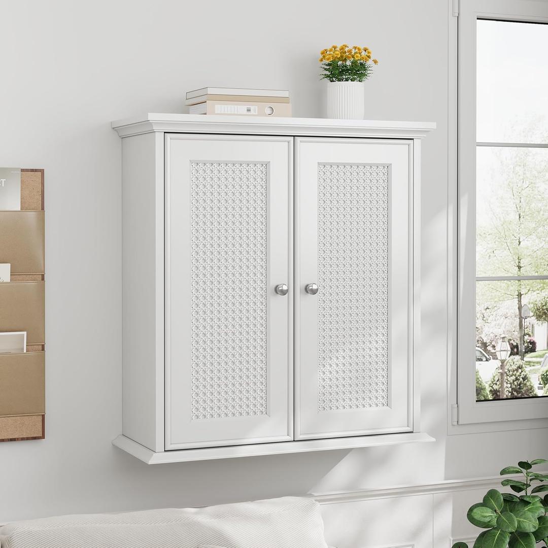 Smuxee White Bathroom Cabinet Wall Mounted with Rattan Doors, Bathroom Medicine Cabinet with Adjustable Shelf, Bathroom Wall Cabinet Over Toilet for Laundry Room Kitchen