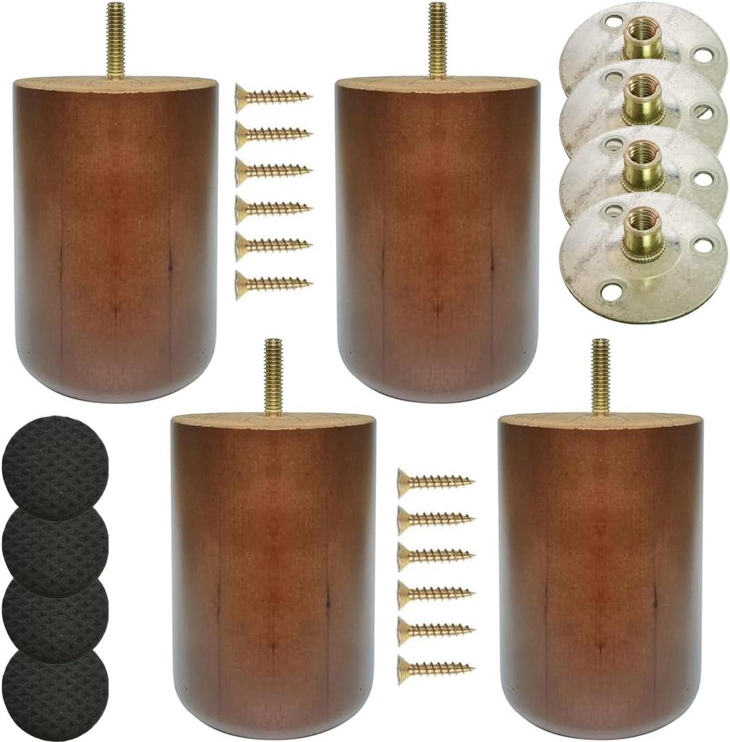 4.7 Inch Wooden Sofa Legs - Solid Wood Furniture Replacement for Cabinet, Desk, Bookcase - DIY Set of 4 With Mounting Plate & Screws