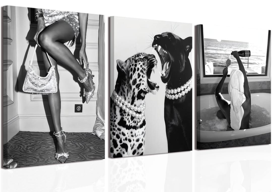 Bathroom Fashion Leopard Print Black and White Canvas Wall Art Trendy Women Posters Paintings Luxury Feminist Pictures Wall Decor for Bedroom Living Room Hallway Home Decoration 16x24 In Framed