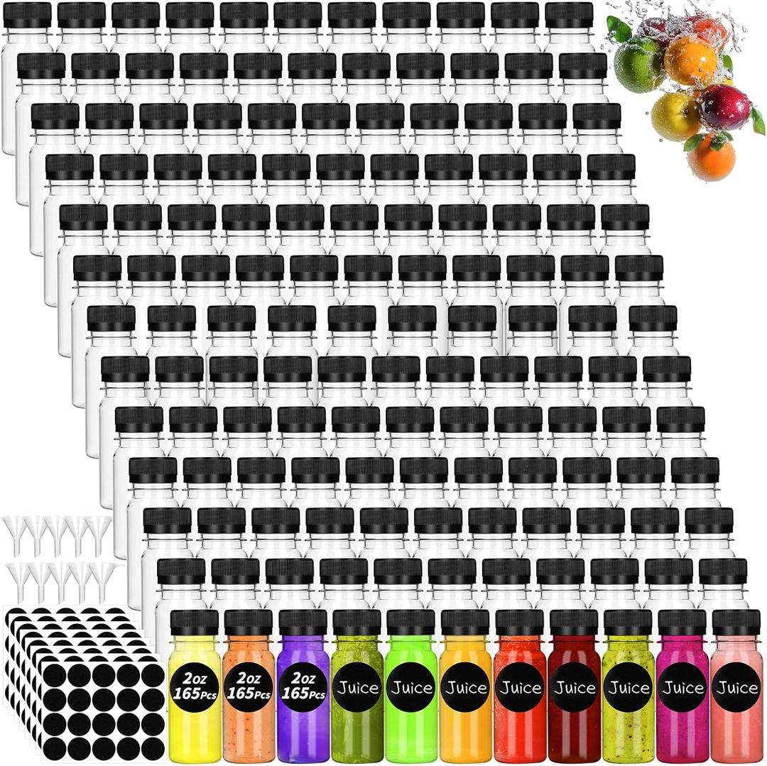 165 Pcs 2 oz Small Plastic Juice Bottles with Black Caps Mini Clear Ginger Shot Containers with Tamper Proof Lids Reusable Travel Bottles with Funnels Labels for Juice Milk Water Other Beverages